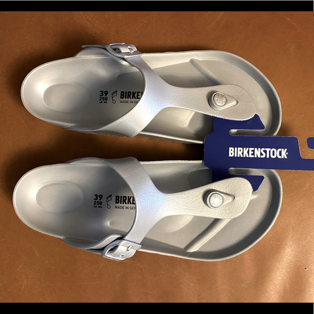 Brand new Birkenstocks: Silver EVA Gizeh sandals